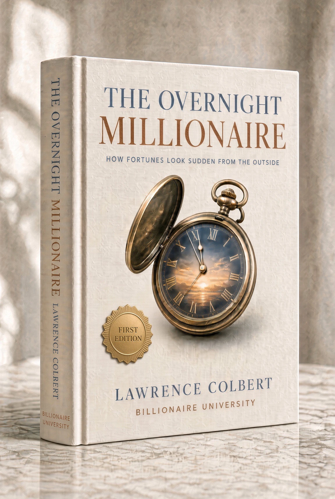 The Overnight Millionaire first-edition book cover by Lawrence Colbert, shown as a cream hardback with a pocket watch